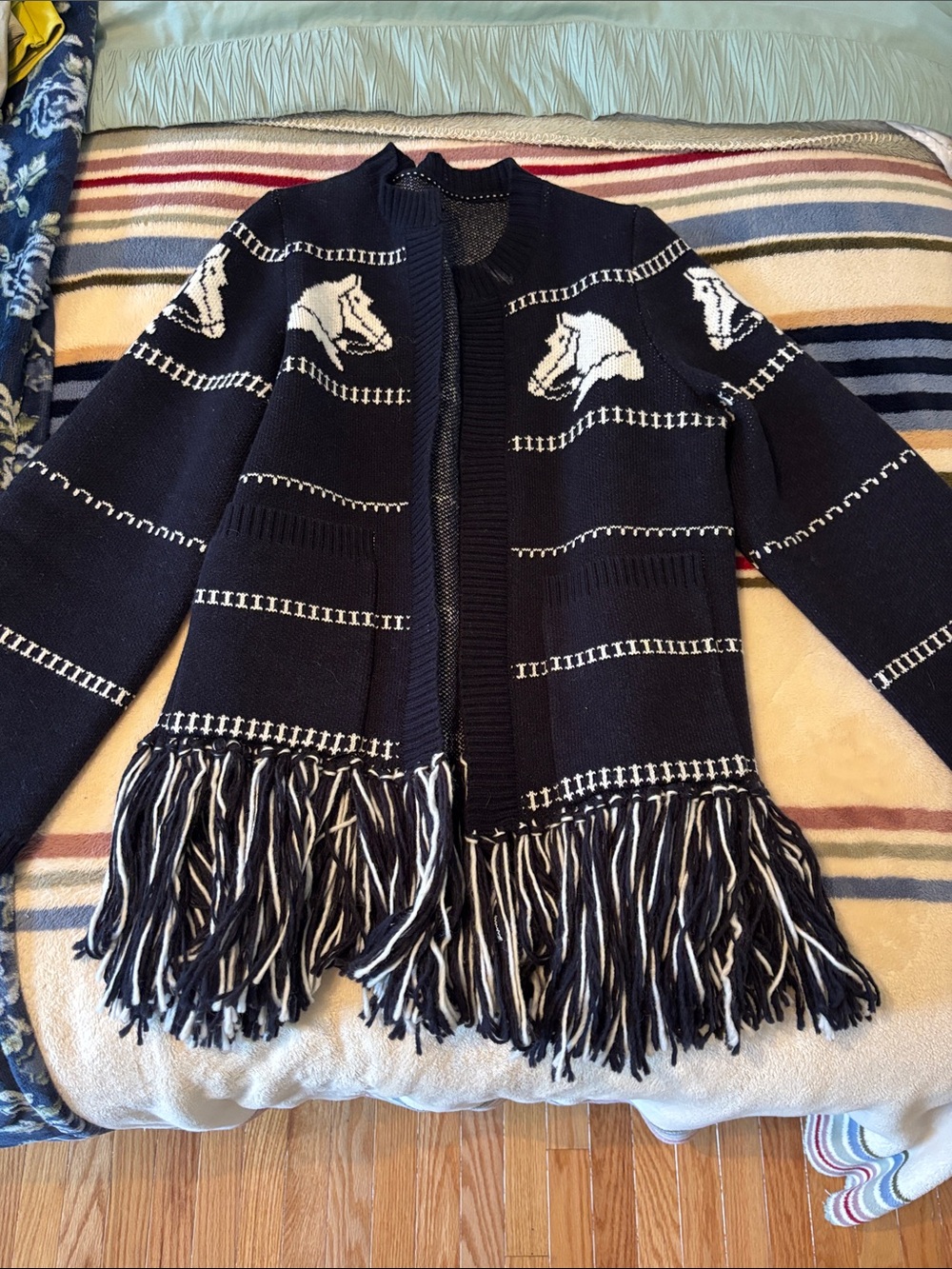 Commense Navy and White Fringe Horse Motif Cardigan
